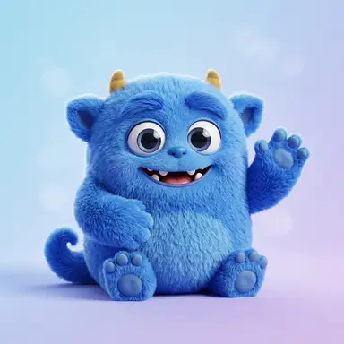 Bloop, a round blue furry monster with tiny golden horns, waving a paw