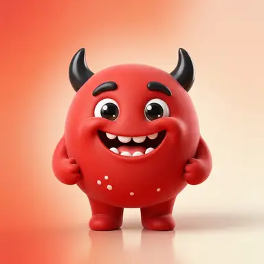 Luci, a little red furry monster with an enormous mischievous smile