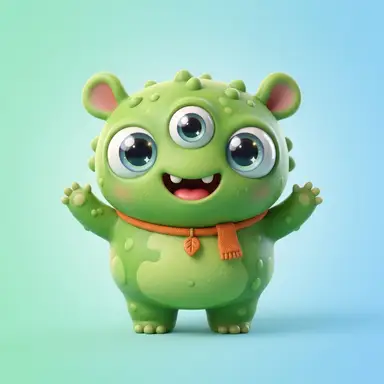 Sprout, a bright green fluffy monster with three curious eyes