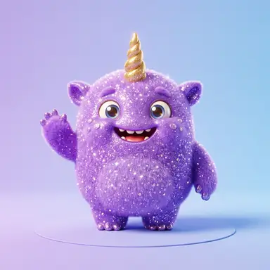Stardust, a lilac furry monster with a little golden unicorn horn